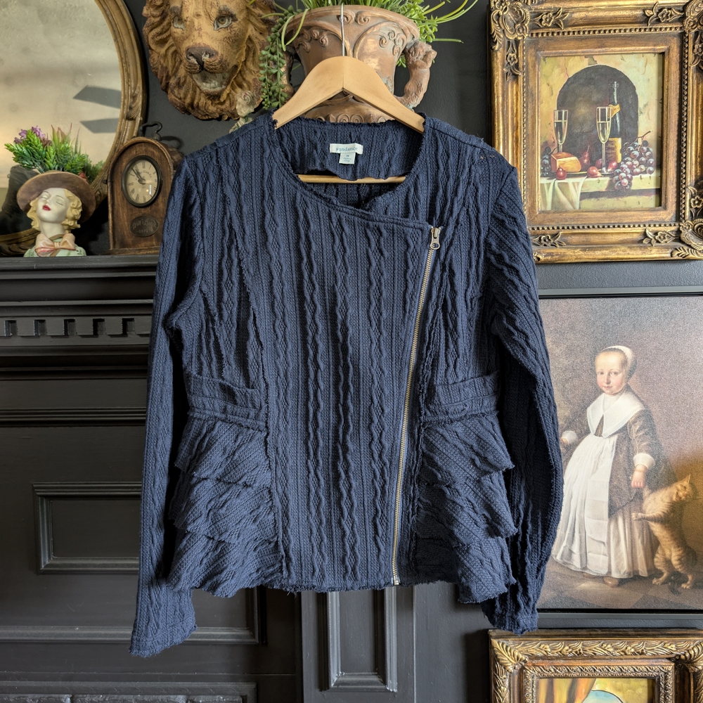 Sundance Navy Blue Textured Knit Jacket M | Asymmetrical Zip Peplum